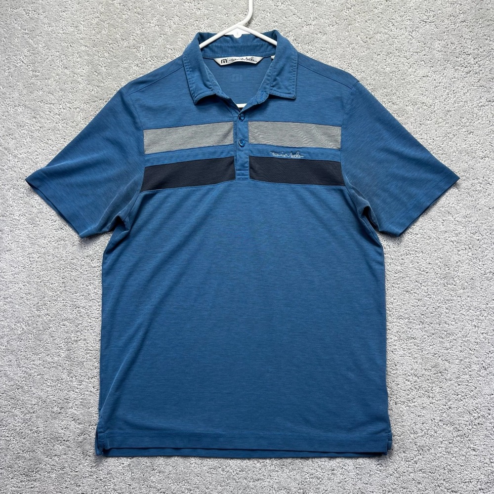 TravisMathew Polo Shirt Mens Small Blue Striped Pima Cotton Blend Short Sleeve